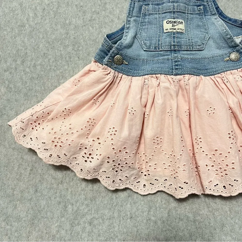 OshKosh B'gosh Denim and Eyelet Overall Dress Size 12 Months Pink